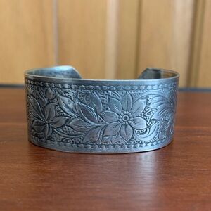 Silver tone floral engraved adjustable cuff